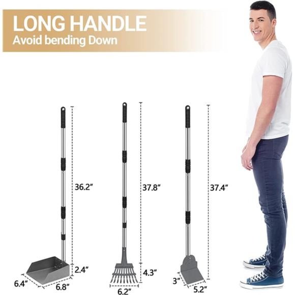 Dog Pooper Scooper, Dog Poop Tray and Rake Set with Long Stainless Handles - Picture 2 of 7